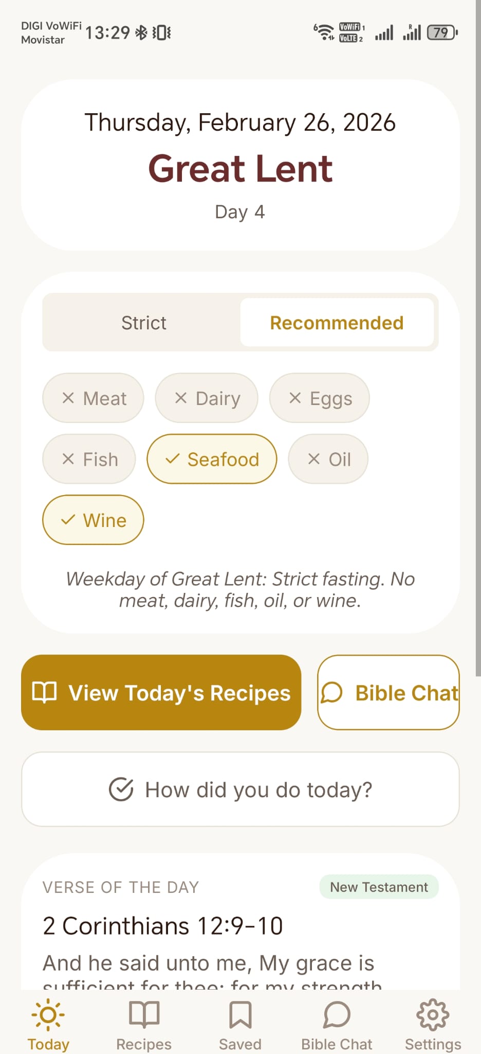 Orthodox Fasting Guide app showing daily fasting rules